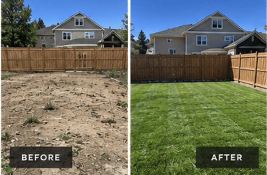 Before and after lawn transformation from bare dirt to lush grass