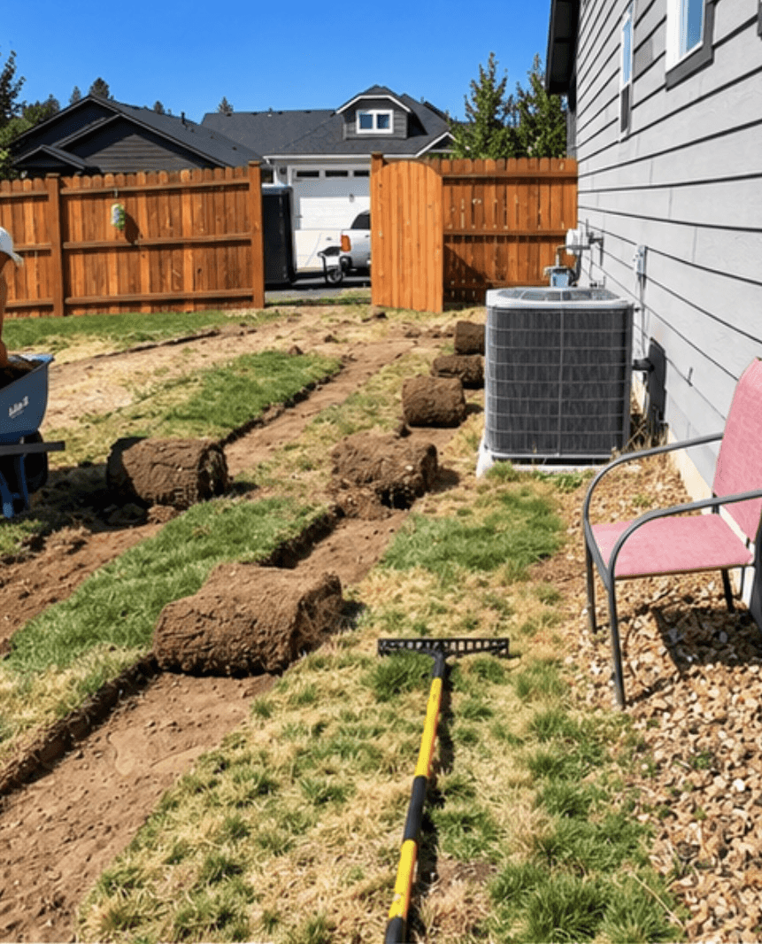 Fresh sod installation in progress