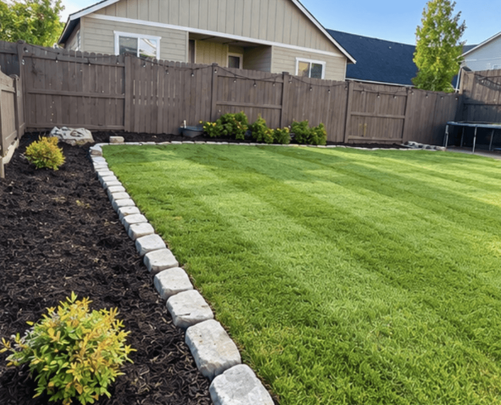 A finished landscape bed with fresh mulch and clean stone edging
